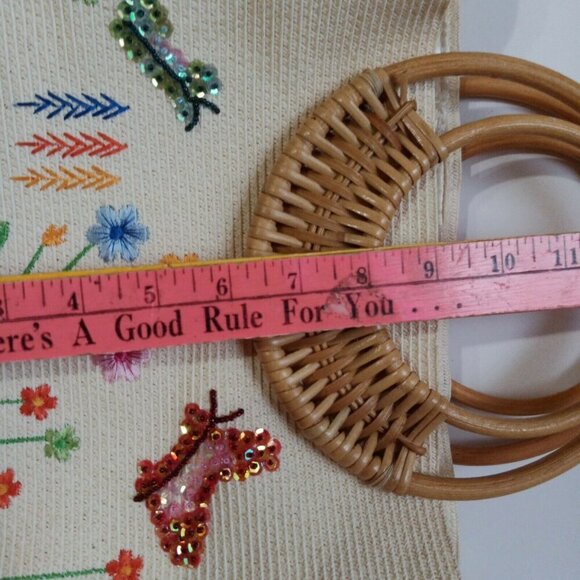 Handmade Embroidered Canvas Tote Bag With Bamboo Handles & Colorful Flower & But - Picture 7 of 9